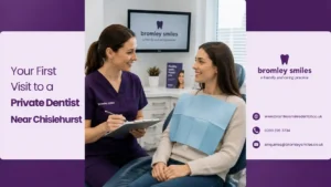 Dentist welcoming a new patient during their first private dental appointment near Chislehurst at Bromley Smiles Dental