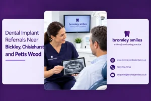 Dentist discussing a dental implant referral in Bromley with a patient