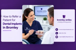 Dentist preparing a referral letter for dental implants in Bromley